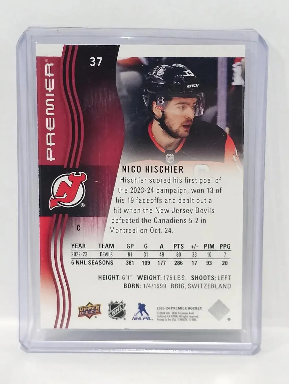2022-23 Upper Deck Premier Nico Hischier Hockey Card #37 - Limited Edition